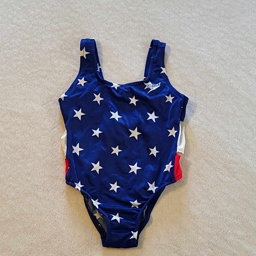 Vintage Speedo One piece child's swimsuit,  Size 4. Red, White, and Blue 90s